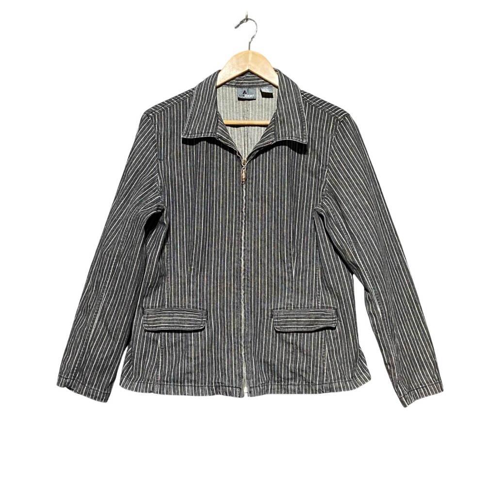 Lizwear Vintage Petite 12P Black Pinstripe Denim Jacket Full Zip Cotton Pockets‎